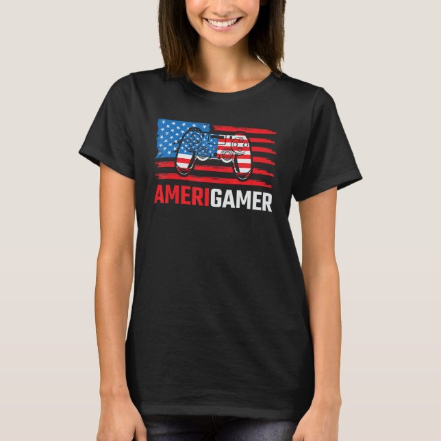 Amerigamer Distressed American Flag Gamer July 4th T Shirt (Framsida)