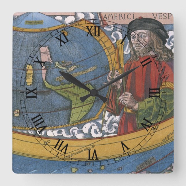 Amerigo Vespucci Explorer på Karta i Amerika Fyrkantig Klocka (Framsida)