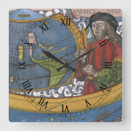 Amerigo Vespucci Explorer på Karta i Amerika Fyrkantig Klocka