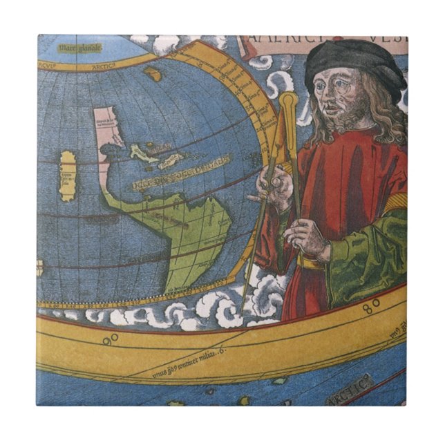 Amerigo Vespucci - Upptäcktsresande på en karta öv Kakelplatta (Framsidan)