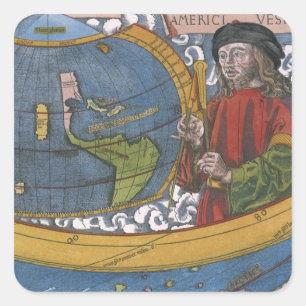 Amerigo Vespucci Upptäcktsresande på en karta över Fyrkantigt Klistermärke