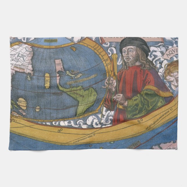 Amerigo Vespucci Upptäcktsresande på en karta över Kökshandduk (Horisontell)