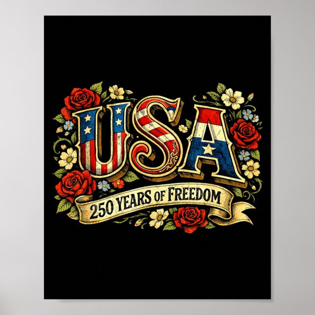 Amerika 250 år av frihet blommande ros patriotisk poster (Framsidan)
