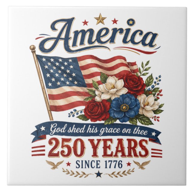 Amerika 250 år blommig flagga kakelplatta (Framsidan)