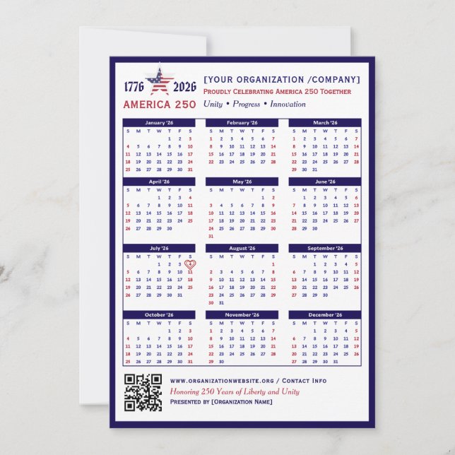 Amerika 250 Patriotic Blue 2026 Calendar Keepsak (Framsida)