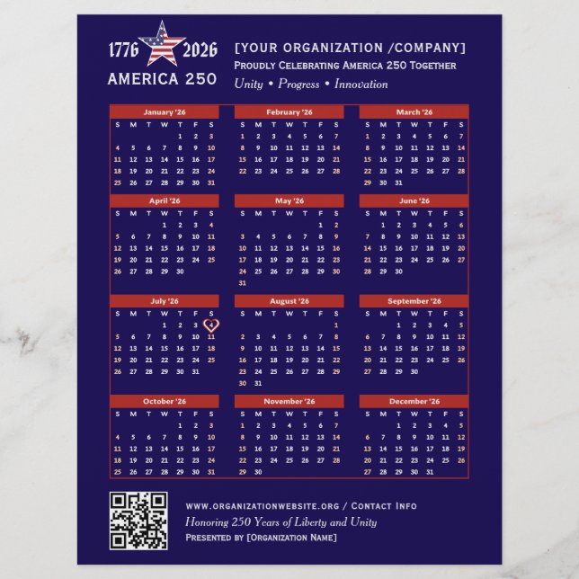 Amerika 250 Patriotic Blue 2026 Calendar Keepsak Reklamblad (Framsidan)