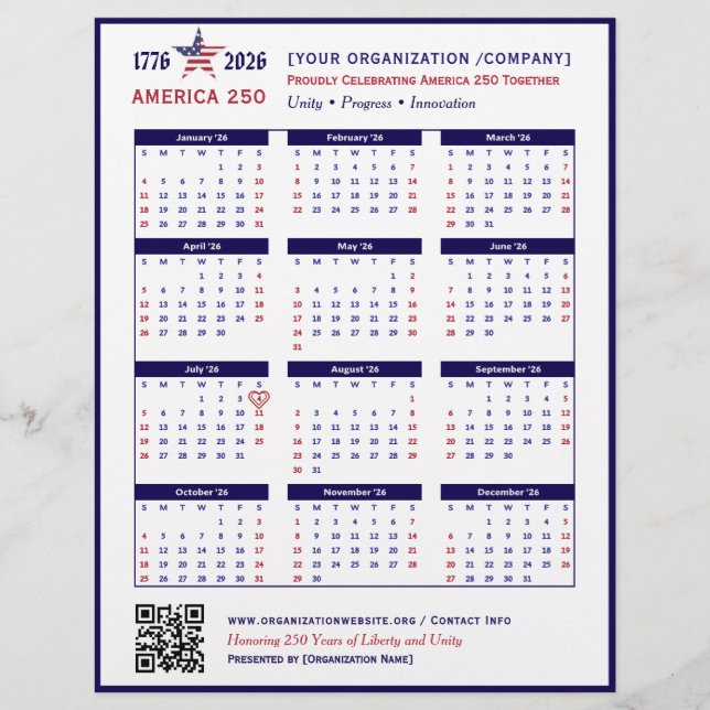Amerika 250 Patriotic Blue 2026 Calendar Keepsak Reklamblad (Framsidan)