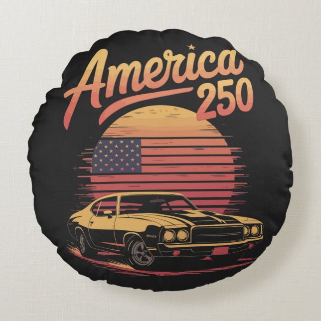 Amerika 250 US Retro Solnedgång Rund Kudde (Framsidan)