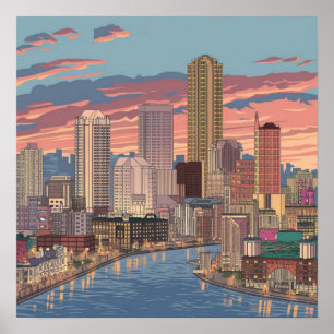 Amerika Boston City Skyline, Boston Ma Us Siluett Poster