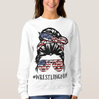 Amerika Flagga Messy Bun Wrestling Mamma Life T Shirt