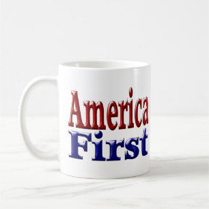 Amerika först med röd och blå halv text kaffemugg