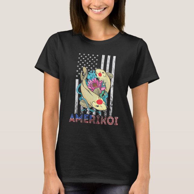 Amerika Koi Fish Lotus 4:e juli Patriotic Ameri T Shirt (Framsida)