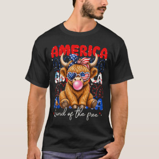Amerika Land för Highland Ko Patriotiska Kvinnor T Shirt