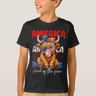 Amerika Land för Highland Ko Patriotiska Kvinnor T Shirt