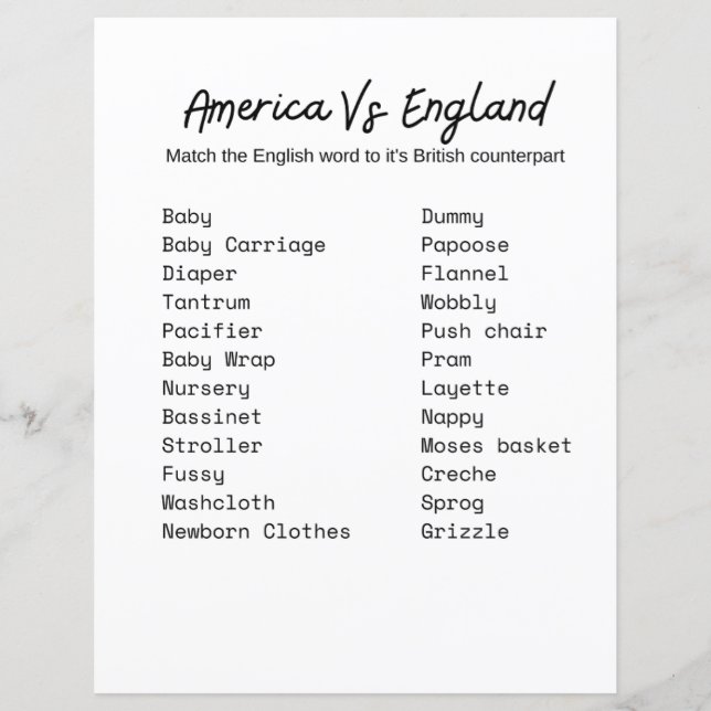Amerika mot England Baby Shower Game (Framsida)