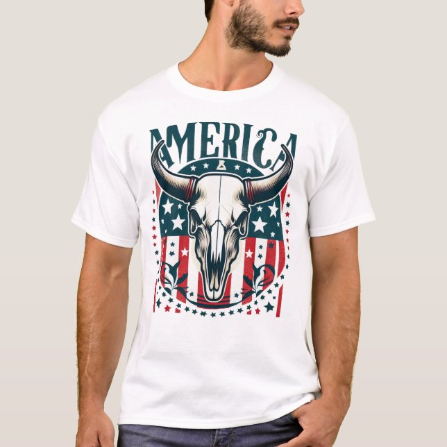 Amerika Red White och Blue med Bull Skull T-shirt (Framsida)