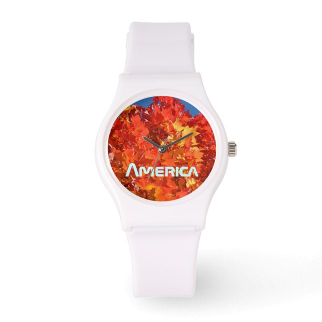 Amerika tittar på Orange Röda Gula Höstlöv Armbandsur (Framsida)