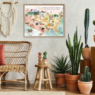 Amerika Vattenfärg Illustrated USA Karta Poster