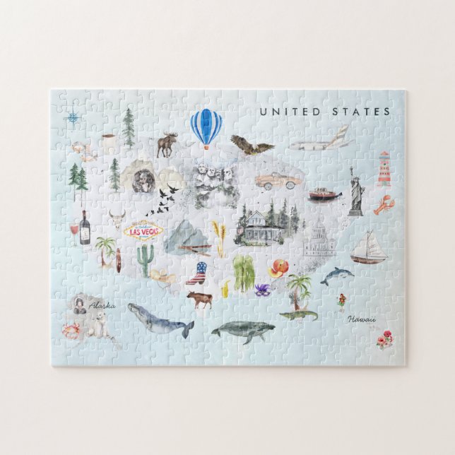 Amerika | Vattenfärg Illustrated USA Karta Pussel (Horisontell)