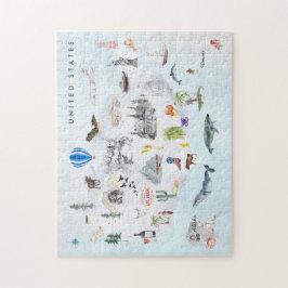 Amerika | Vattenfärg Illustrated USA Karta Pussel