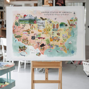 Amerika Vattenfärg Illustrated USA Karta Vykort
