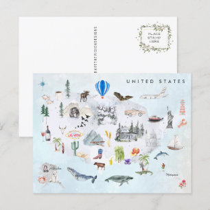 Amerika Vattenfärg Illustrated USA Karta Vykort