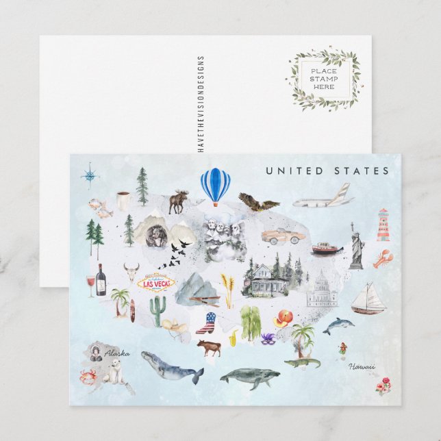 Amerika | Vattenfärg Illustrated USA Karta Vykort (Fram/baksida)