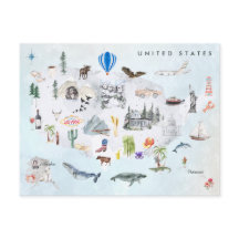 Amerika | Vattenfärg Illustrated USA Karta