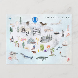 Amerika | Vattenfärg Illustrated USA Karta Vykort
