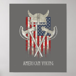 Amerikan Viking. Flagga som är bekymrad, hjälm, Poster