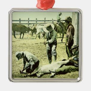 Amerikancowboys som brännmärker en kalv, c.1900 julgransprydnad metall