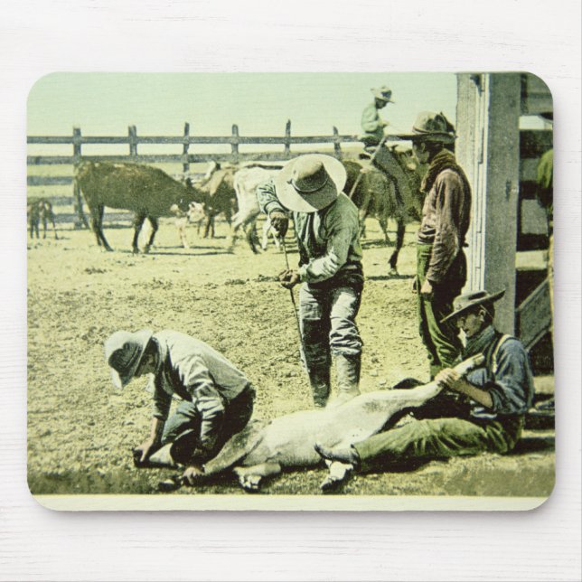 Amerikancowboys som brännmärker en kalv, c.1900 musmatta (Framsidan)