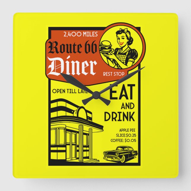 Amerikansk 1950-tals Diner Fyrkantig Klocka (Framsida)