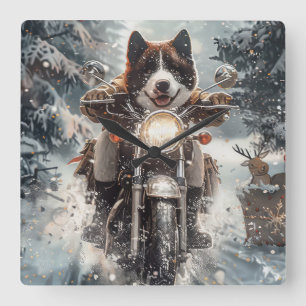 Amerikansk Akita Hund Kör Motorcykel Jul  Fyrkantig Klocka