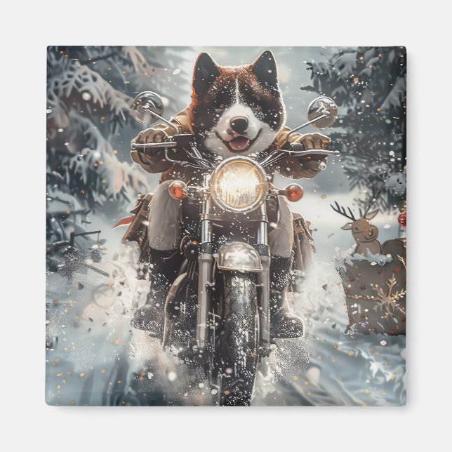 Amerikansk Akita Hund Kör Motorcykel Jul  Magnet (Framsidan)
