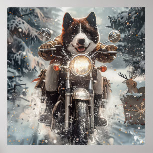 Amerikansk Akita Hund Kör Motorcykel Jul Poster
