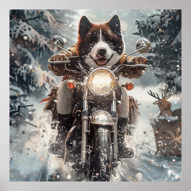 Amerikansk Akita Hund Kör Motorcykel Jul  Poster (Framsidan)