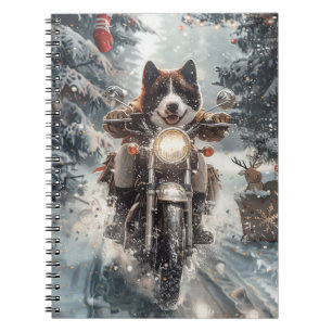 Amerikansk Akita Hund Kör på Motorcykel Jul Anteckningsbok