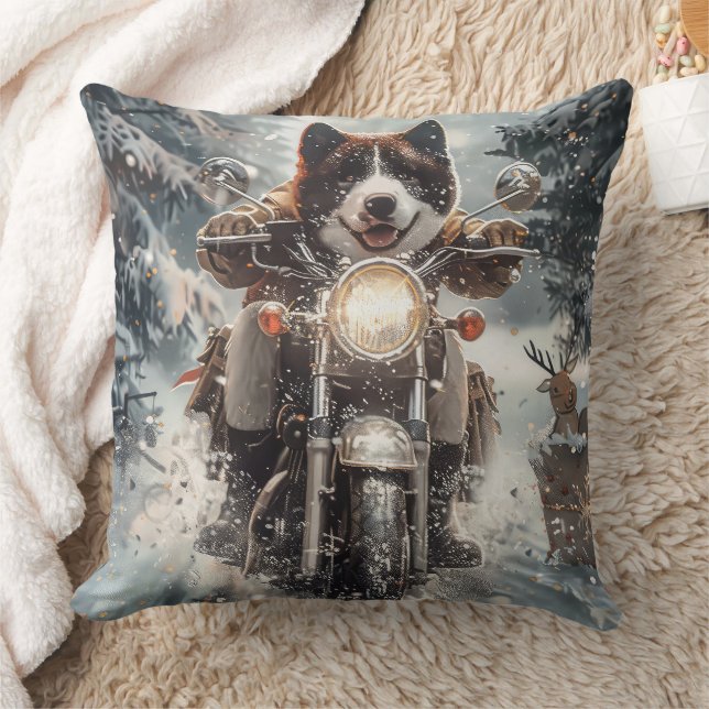Amerikansk Akita Hund Kör på Motorcykel Jul  Kudde (Filt)