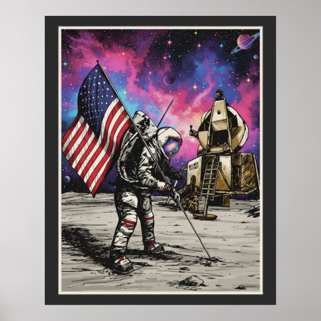 Amerikansk Astronaut Patriotiska Levande Färger Poster (Framsidan)