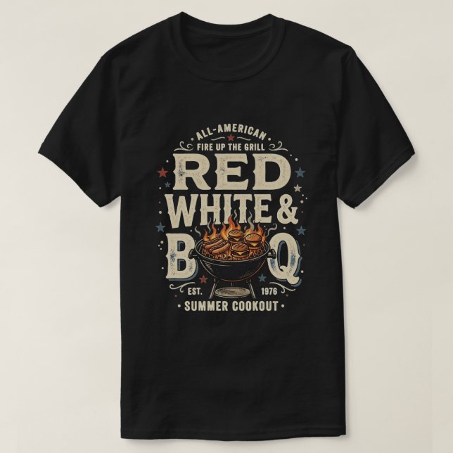 Amerikansk BBQ Röd Vit Blå 4:e Juli  T Shirt (Design framsida)