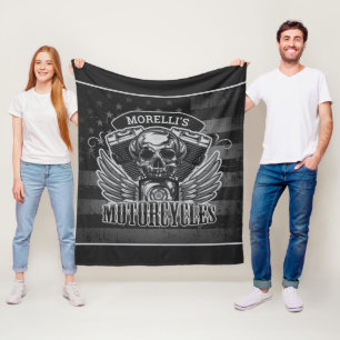 Amerikansk Biker ADD NAMN Skull V-Twin-motorcyklar Fleecefilt