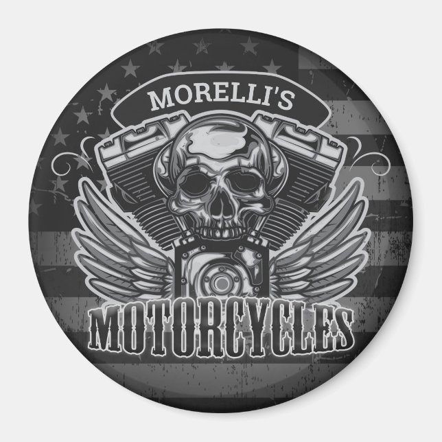 Amerikansk Biker ADD NAMN Skull V-Twin-motorcyklar Magnet (Framsidan)