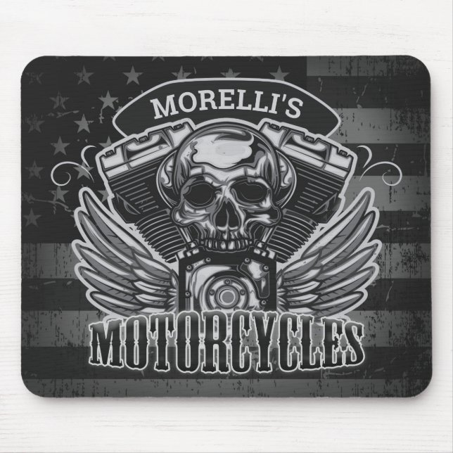 Amerikansk Biker ADD NAMN Skull V-Twin-motorcyklar Musmatta (Framsidan)