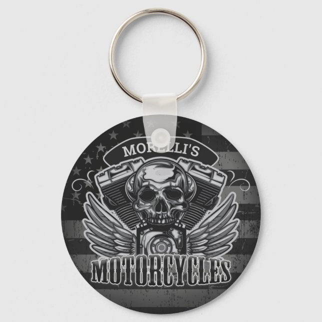 Amerikansk Biker ADD NAMN Skull V-Twin-motorcyklar Nyckelring (Framsida)