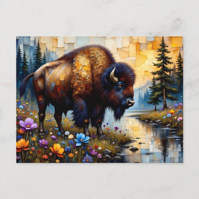 Amerikansk Bison blomsterlandskap Vykort (Framsida)