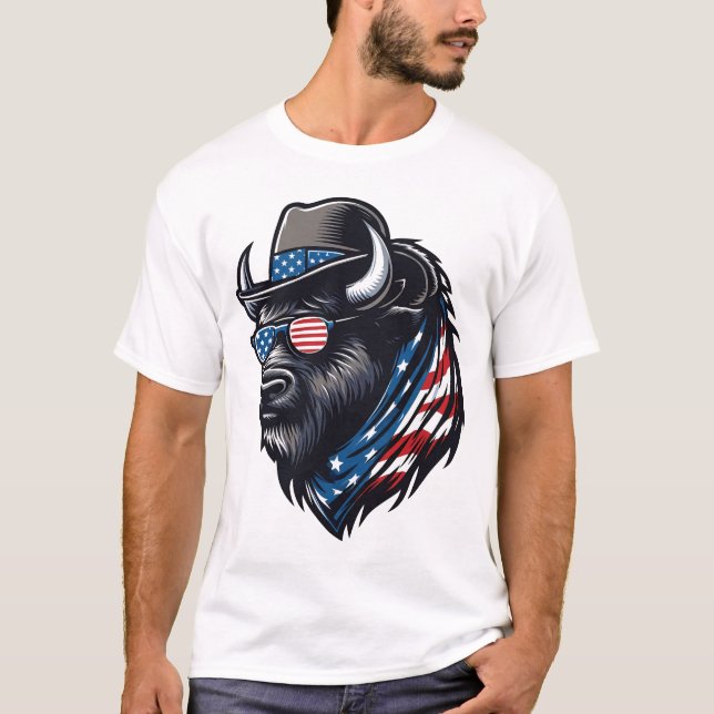 Amerikansk Bison Flagga USA Bison 4:e Juli Pojkar  T Shirt (Framsida)