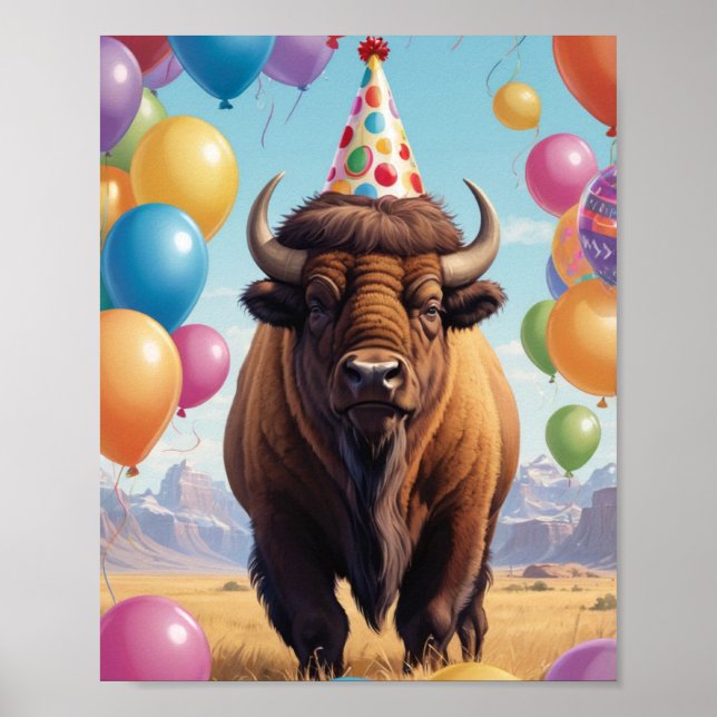 Amerikansk bison-födelsedagshatt och ballonger poster (Framsidan)