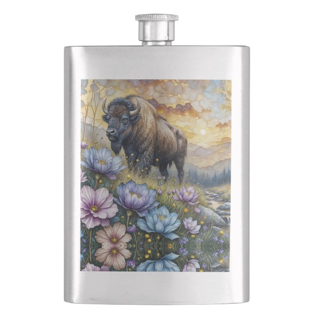 Amerikansk bison i blomsterrik bergdal fickplunta (Framsidan)