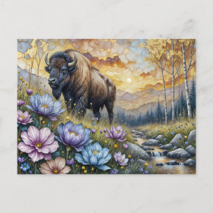 Amerikansk bison i blomsterrik bergdal vykort